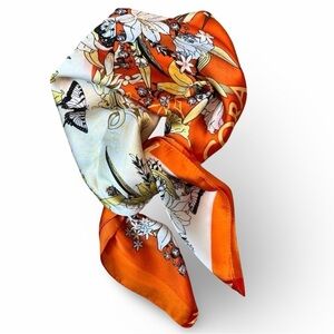 NORACORA Orange Silk Scarf Music Note Butterfly Print Square 21 x 21